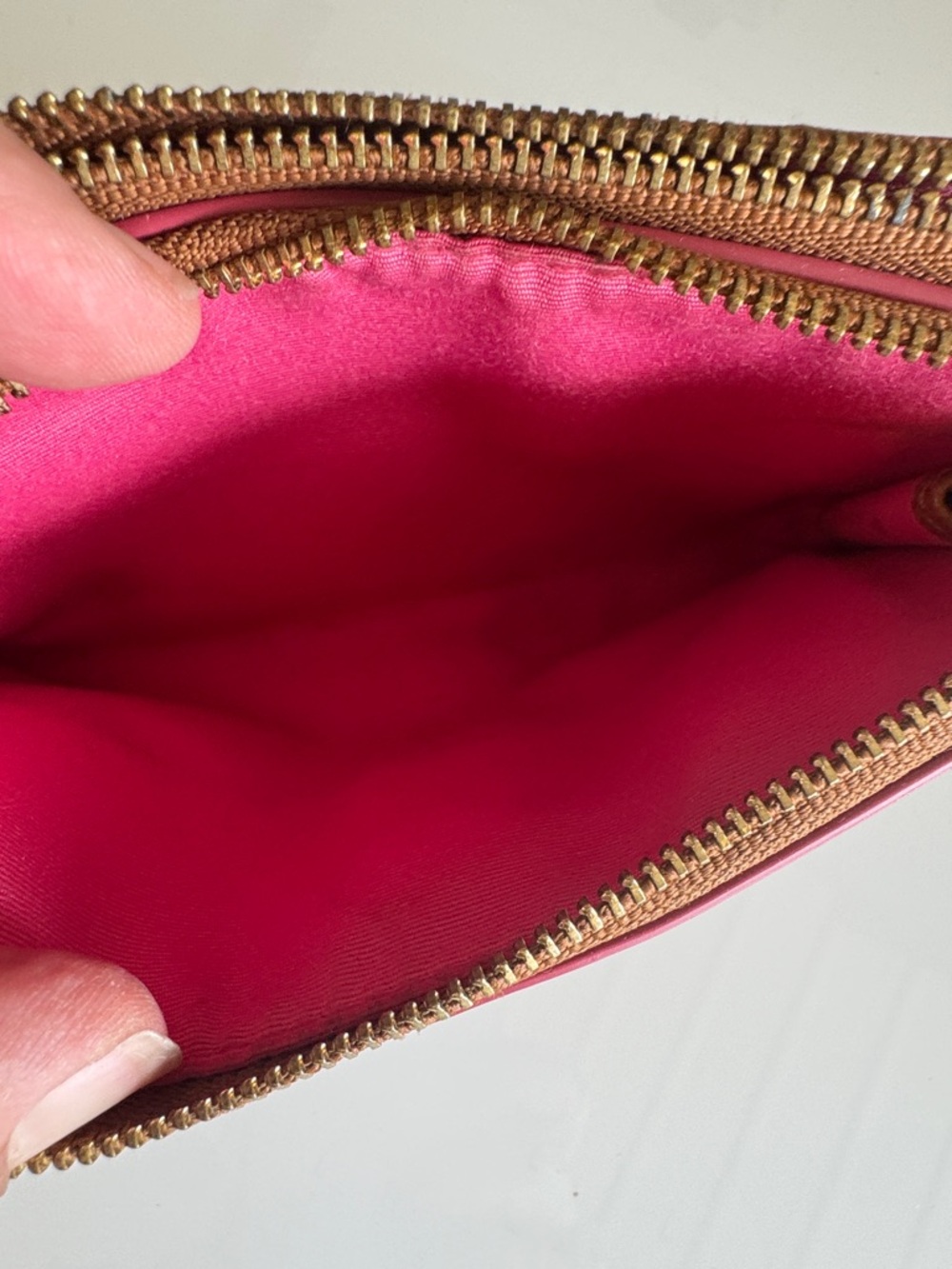 COACH Brown Double Leather Wristlet with Pink Trim - Picture 7 of 11